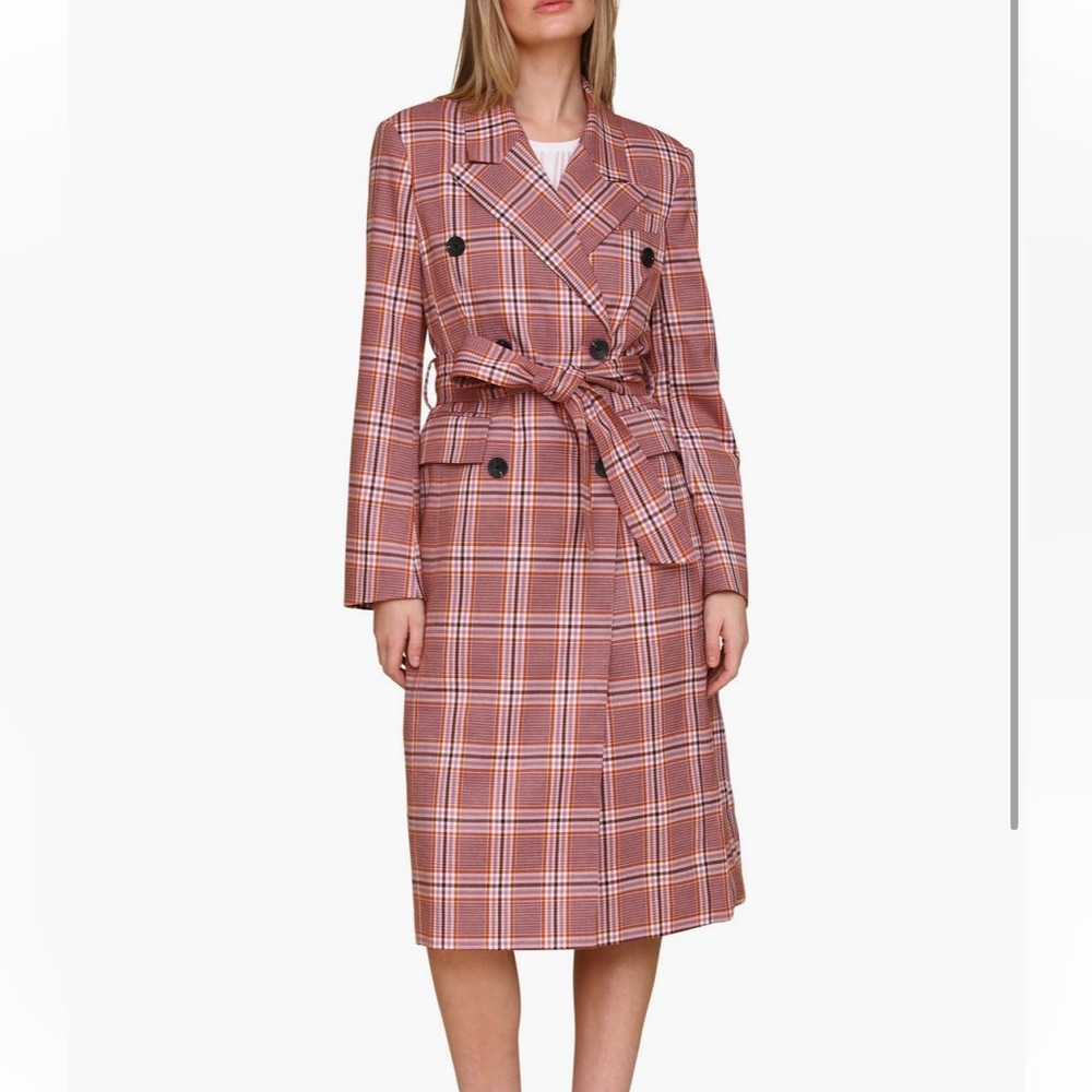 Avec Les Filles plaid belted double breasted trench coat